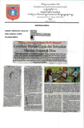 Dialog Interaktif di Radio SWIB Besakih
Kadarkum Mampu Cegah dan Selesaikan Masalah Hukum di Desa